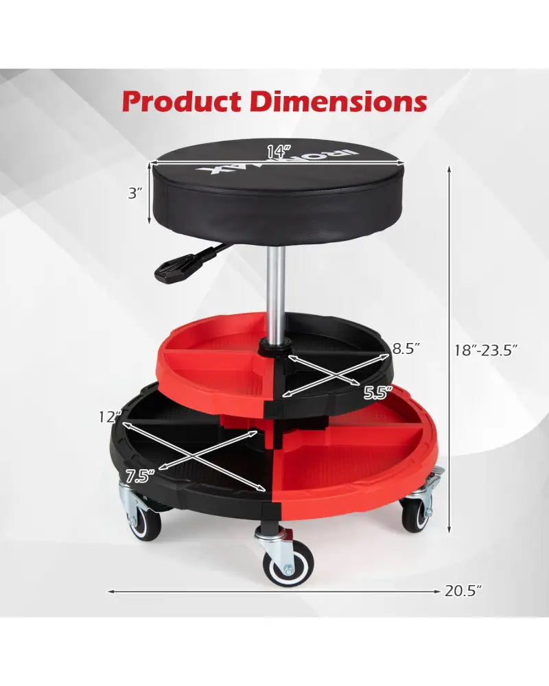 Rolling Mechanic Stool with Cushioned Seat and 5 Wheels 330 LBS-Red - Red - Garages