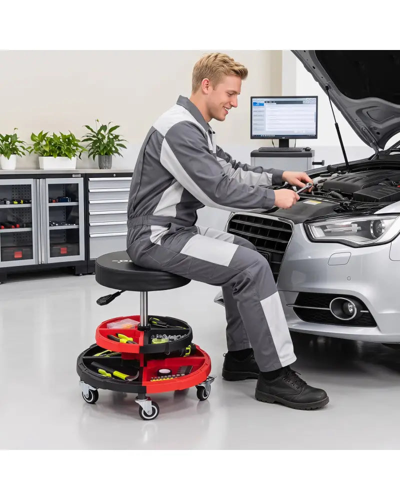 Rolling Mechanic Stool with Cushioned Seat and 5 Wheels 330 LBS-Red - Red - Garages
