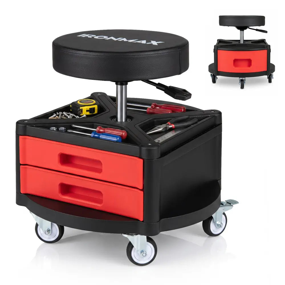 Rolling Mechanic Stool with Cushioned Seat & Dual Tool Trays 330 LBS-Red - Red - Garages