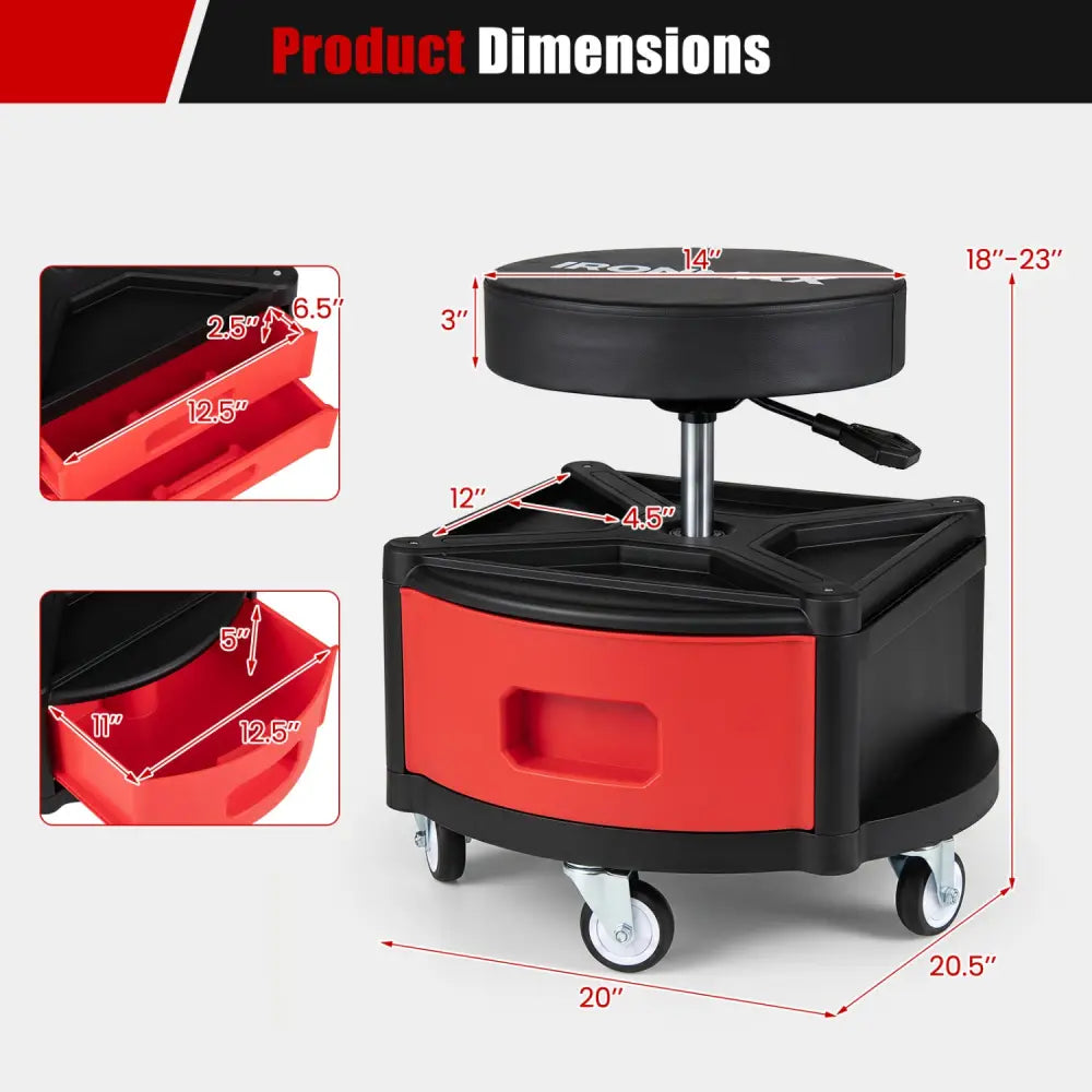 Rolling Mechanic Stool with Cushioned Seat & Dual Tool Trays 330 LBS-Red - Red - Garages