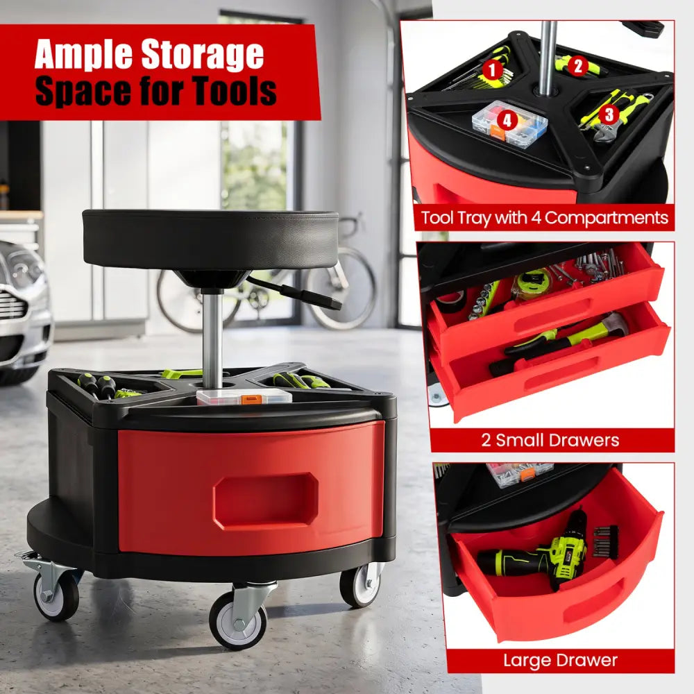 Rolling Mechanic Stool with Cushioned Seat & Dual Tool Trays 330 LBS-Red - Red - Garages
