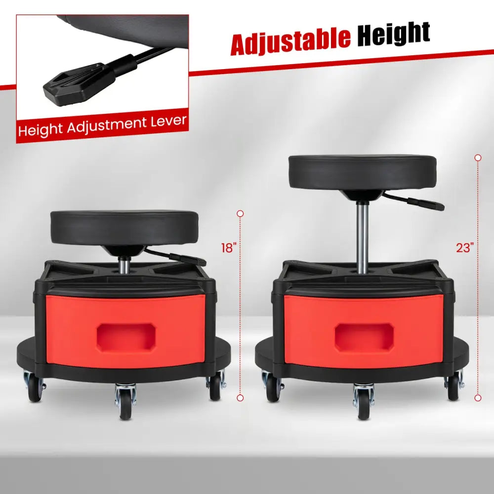 Rolling Mechanic Stool with Cushioned Seat & Dual Tool Trays 330 LBS-Red - Red - Garages