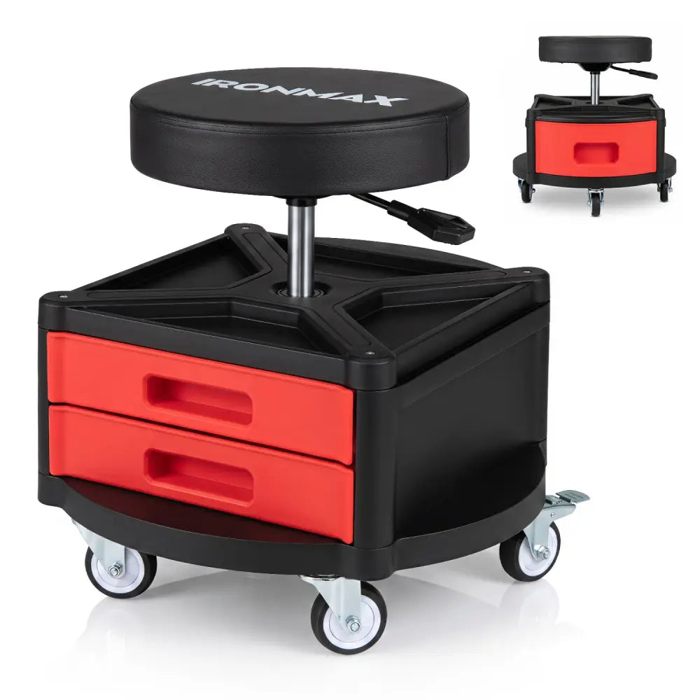 Rolling Mechanic Stool with Cushioned Seat & Dual Tool Trays 330 LBS-Red - Red - Garages