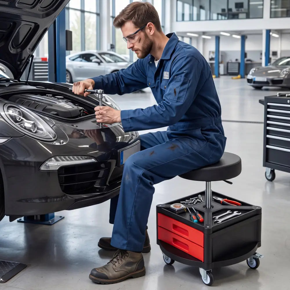 Rolling Mechanic Stool with Cushioned Seat & Dual Tool Trays 330 LBS-Red - Red - Garages