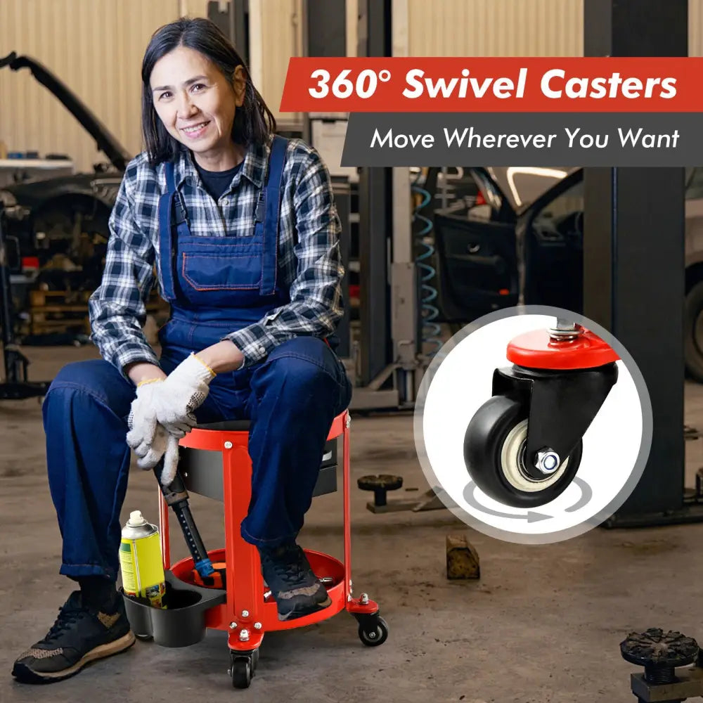 Rolling Mechanic Stool with Removable Padded Seat and Drawers - Red - Garages