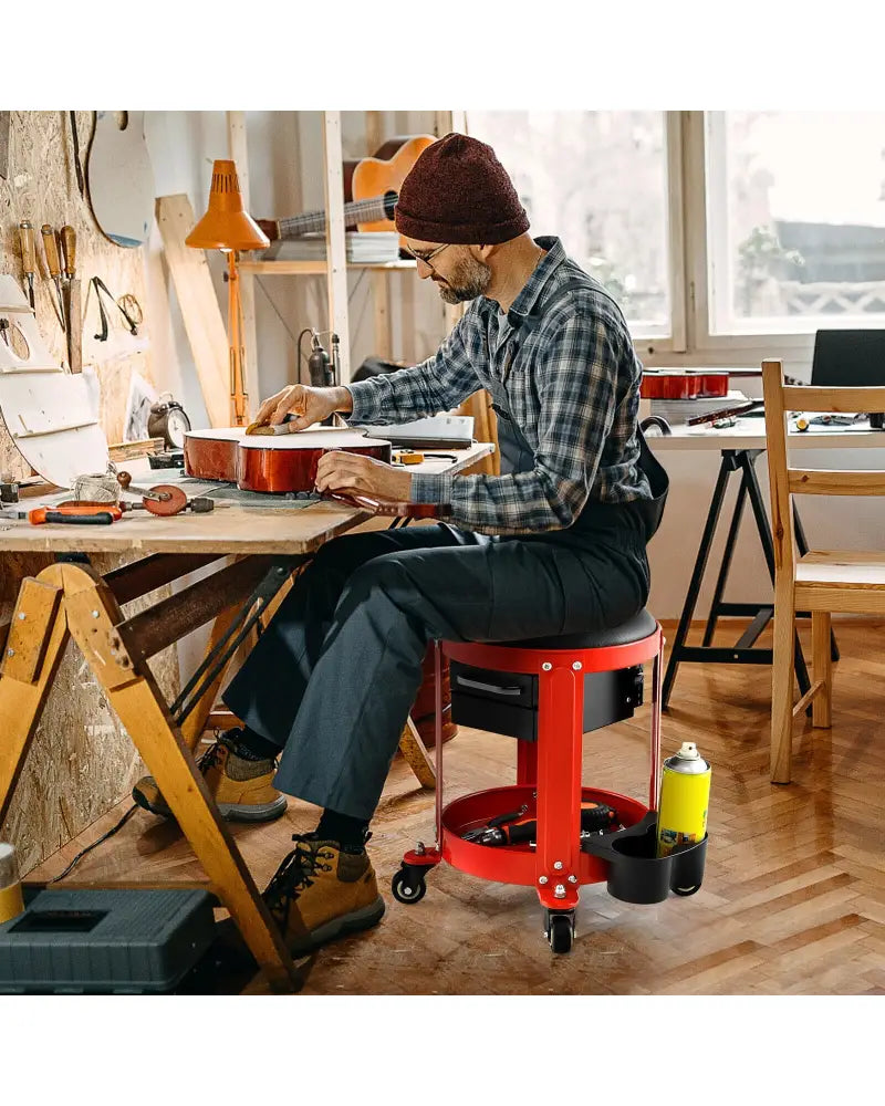Rolling Mechanic Stool with Removable Padded Seat and Drawers - Red - Garages