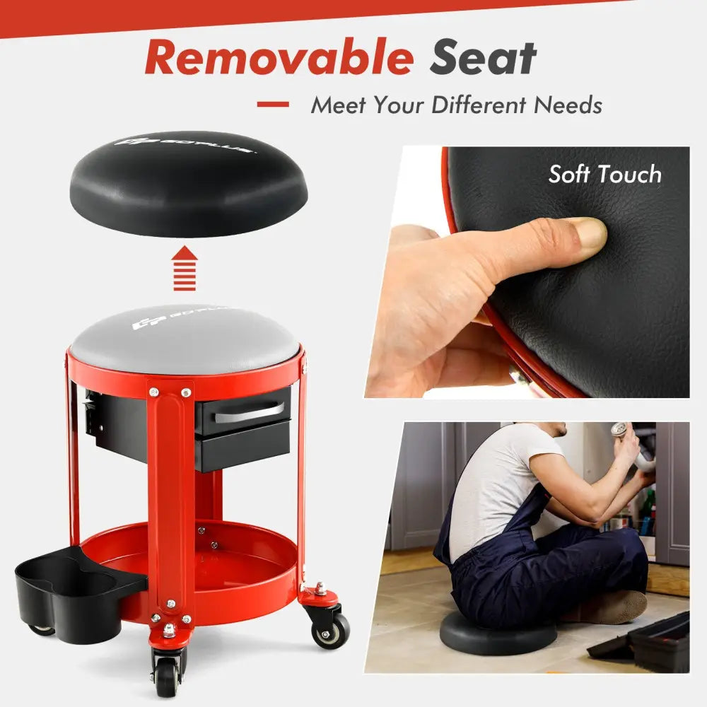 Rolling Mechanic Stool with Removable Padded Seat and Drawers - Red - Garages