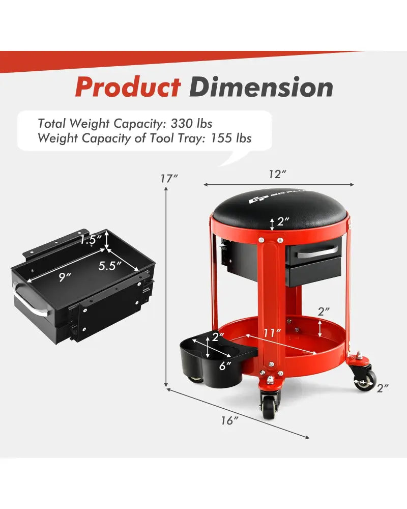 Rolling Mechanic Stool with Removable Padded Seat and Drawers - Red - Garages
