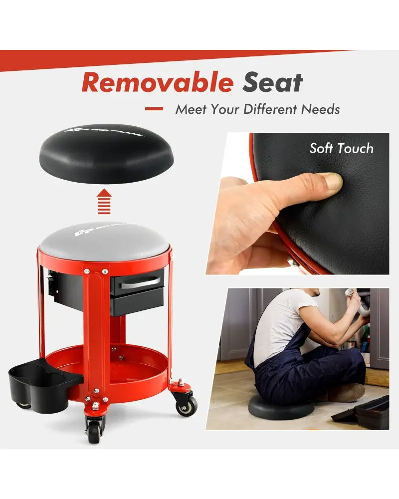 Rolling Mechanic Stool with Removable Padded Seat and Drawers - Red - Garages