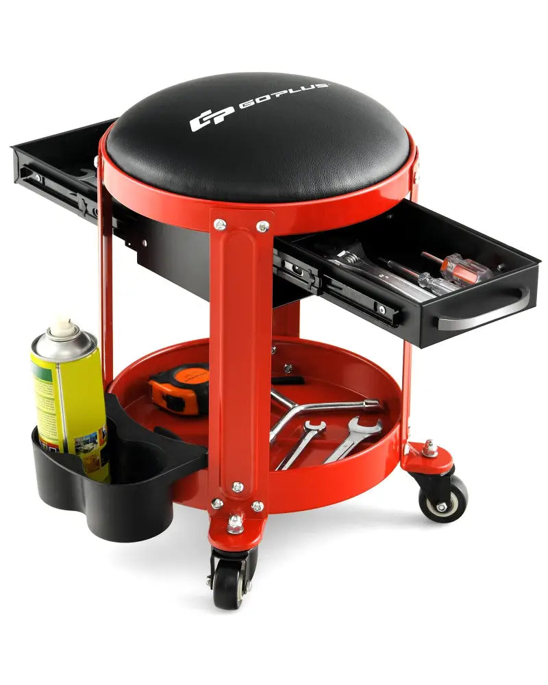 Rolling Mechanic Stool with Removable Padded Seat and Drawers - Red - Garages
