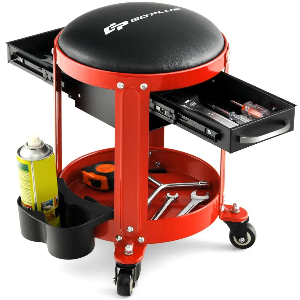 Rolling Mechanic Stool with Removable Padded Seat and Drawers - Red - Garages