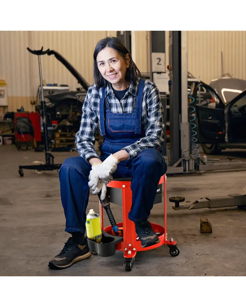 Rolling Mechanic Stool with Removable Padded Seat and Drawers - Red - Garages