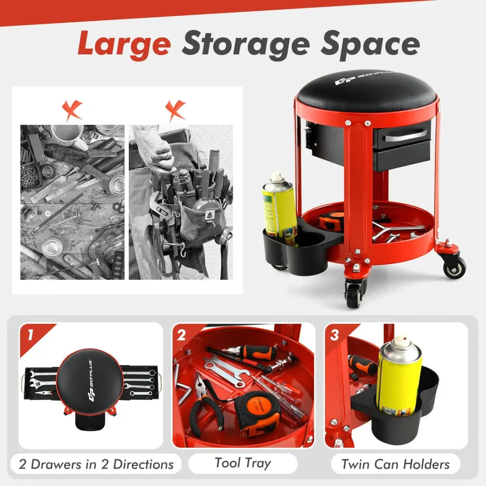 Rolling Mechanic Stool with Removable Padded Seat and Drawers - Red - Garages