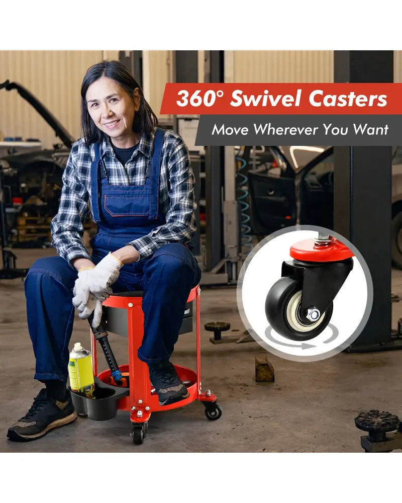 Rolling Mechanic Stool with Removable Padded Seat and Drawers - Red - Garages