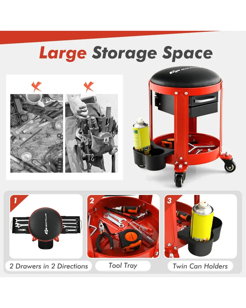 Rolling Mechanic Stool with Removable Padded Seat and Drawers - Red - Garages