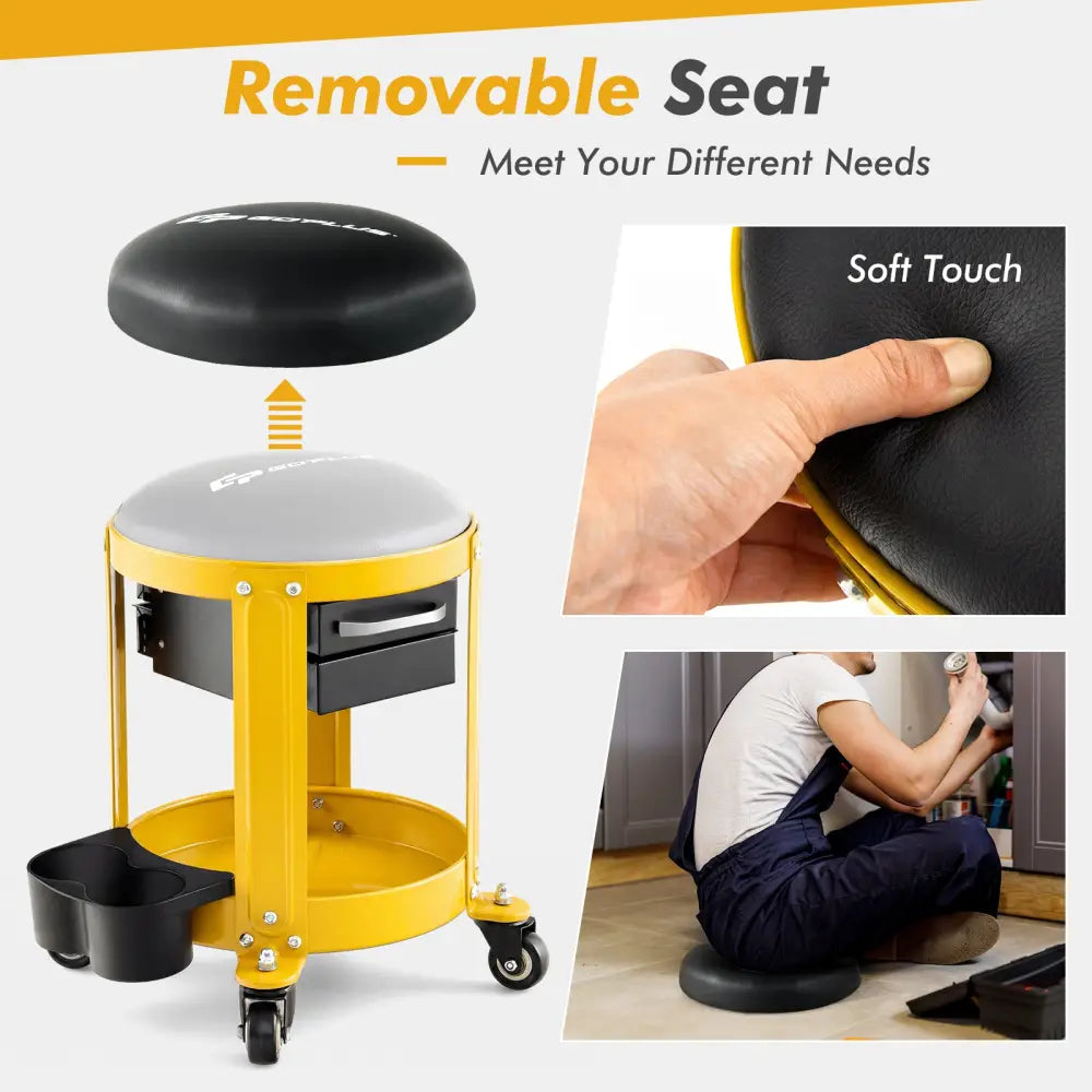 Rolling Mechanic Stool with Removable Padded Seat and Drawers-Yellow - Yellow - Garages