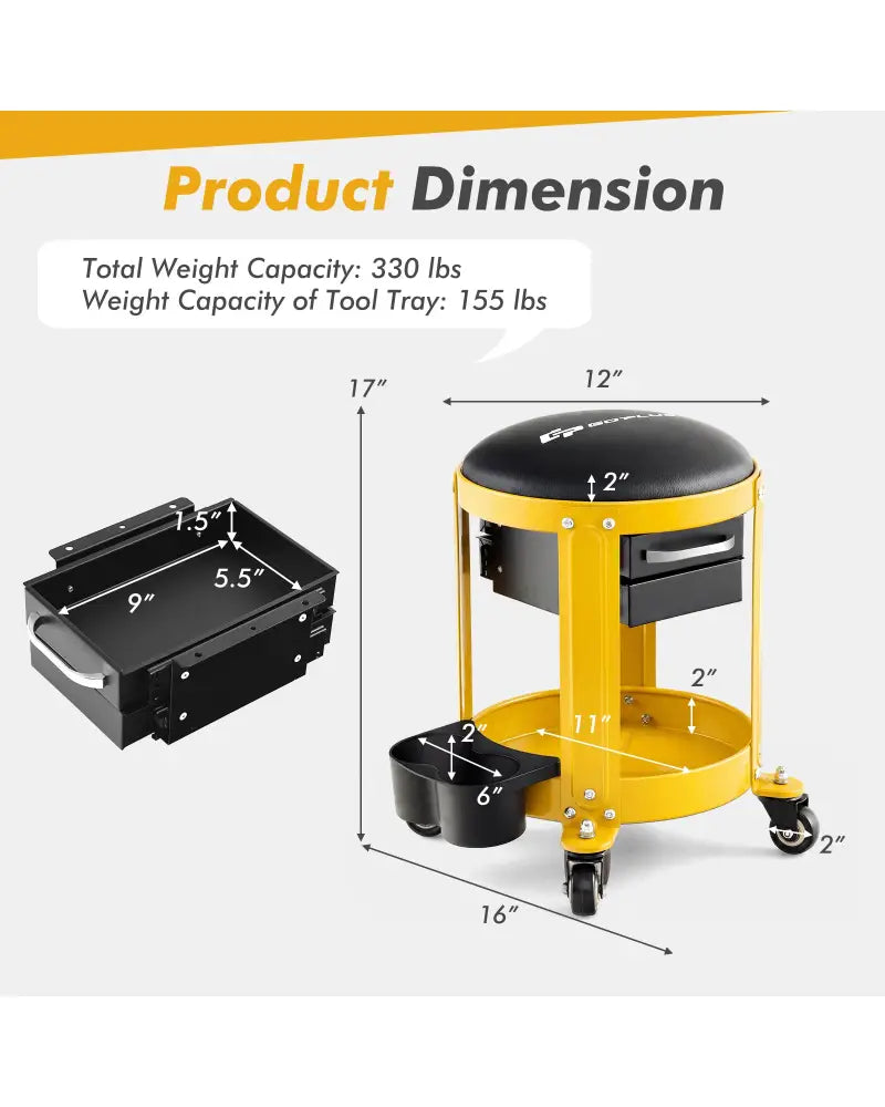 Rolling Mechanic Stool with Removable Padded Seat and Drawers-Yellow - Yellow - Garages