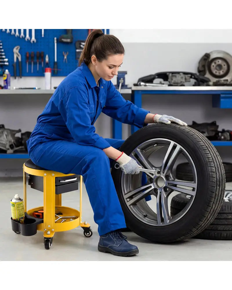 Rolling Mechanic Stool with Removable Padded Seat and Drawers-Yellow - Yellow - Garages