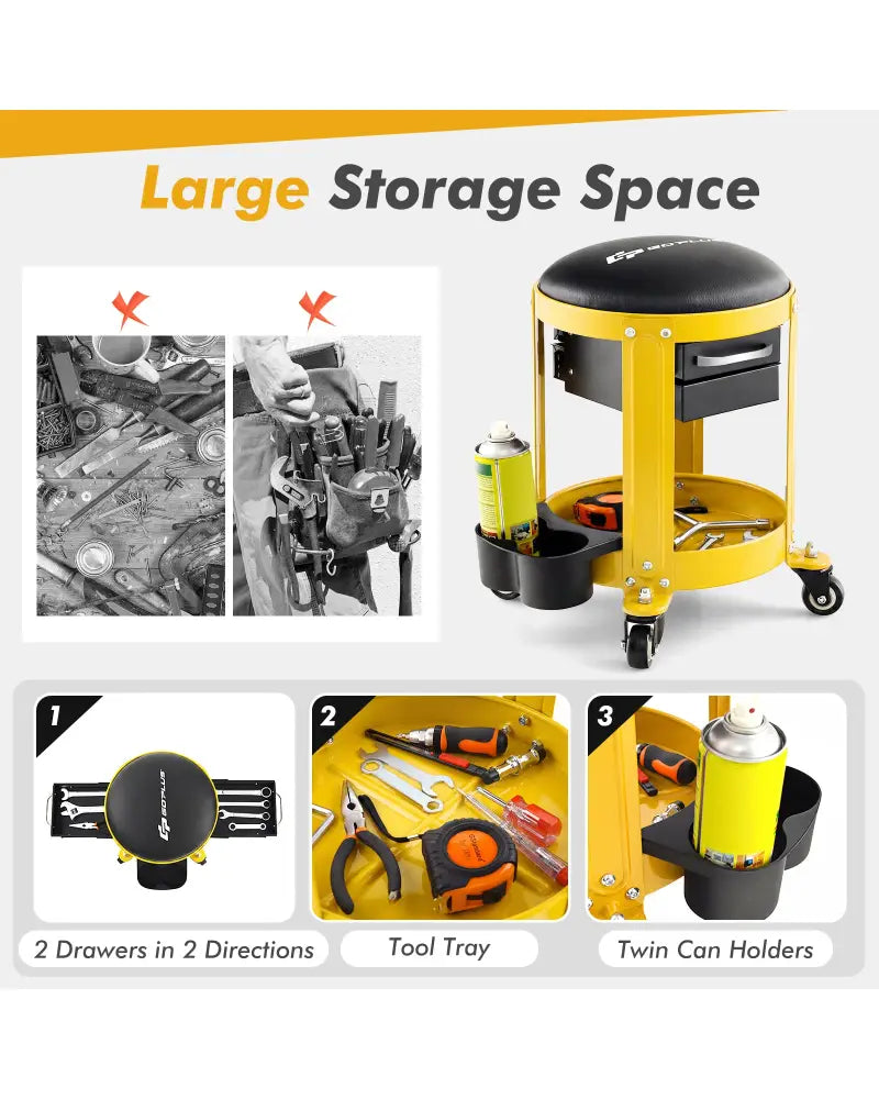 Rolling Mechanic Stool with Removable Padded Seat and Drawers-Yellow - Yellow - Garages