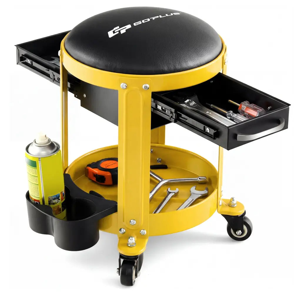 Rolling Mechanic Stool with Removable Padded Seat and Drawers-Yellow - Yellow - Garages