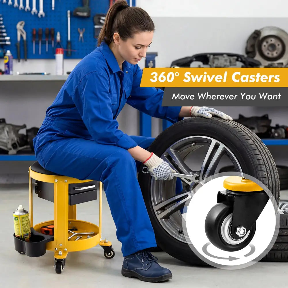 Rolling Mechanic Stool with Removable Padded Seat and Drawers-Yellow - Yellow - Garages