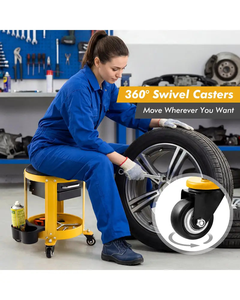 Rolling Mechanic Stool with Removable Padded Seat and Drawers-Yellow - Yellow - Garages