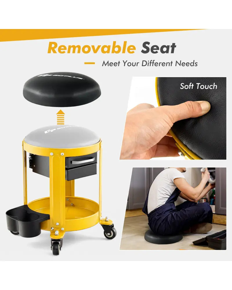 Rolling Mechanic Stool with Removable Padded Seat and Drawers-Yellow - Yellow - Garages