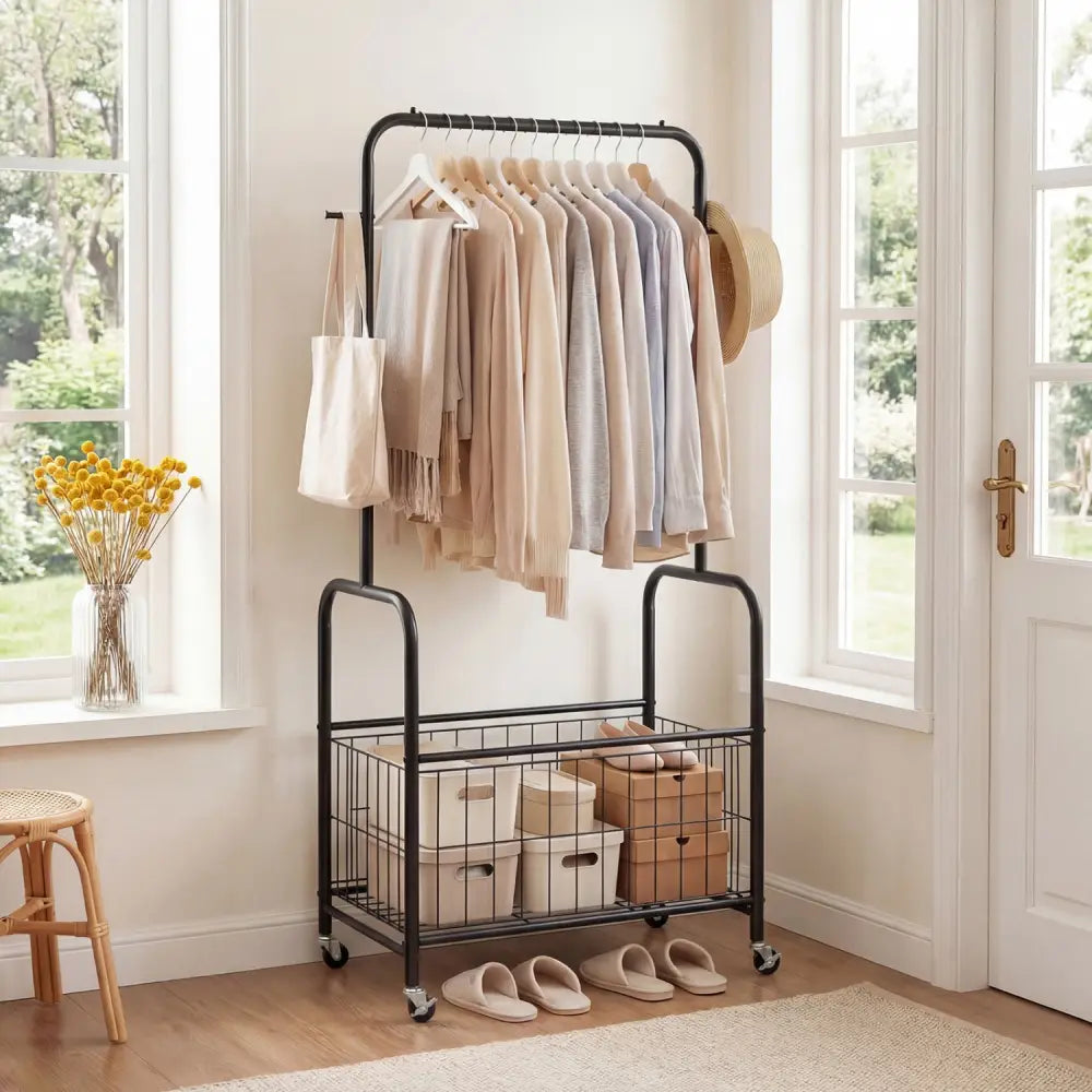 Rolling Metal Clothes Rack with Hanging Rod and Storage Basket-Black - Black - Clothing & Closet Storage
