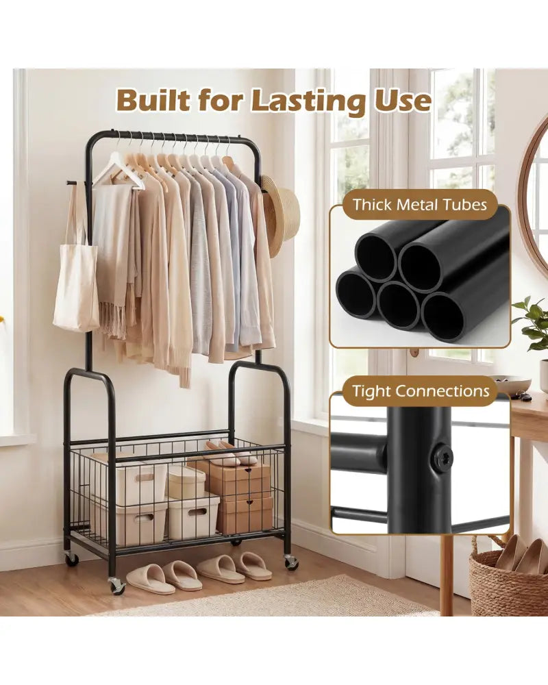 Rolling Metal Clothes Rack with Hanging Rod and Storage Basket-Black - Black - Clothing & Closet Storage