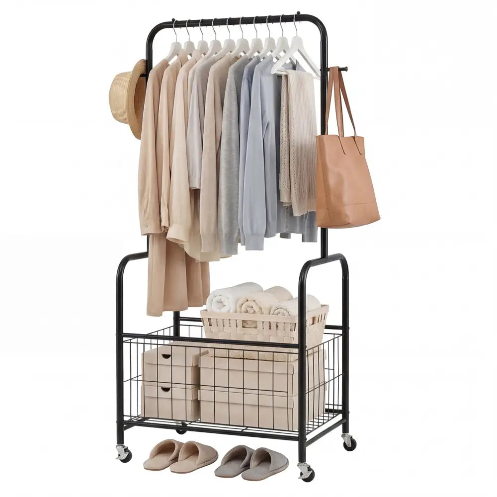 Rolling Metal Clothes Rack with Hanging Rod and Storage Basket-Black - Black - Clothing & Closet Storage