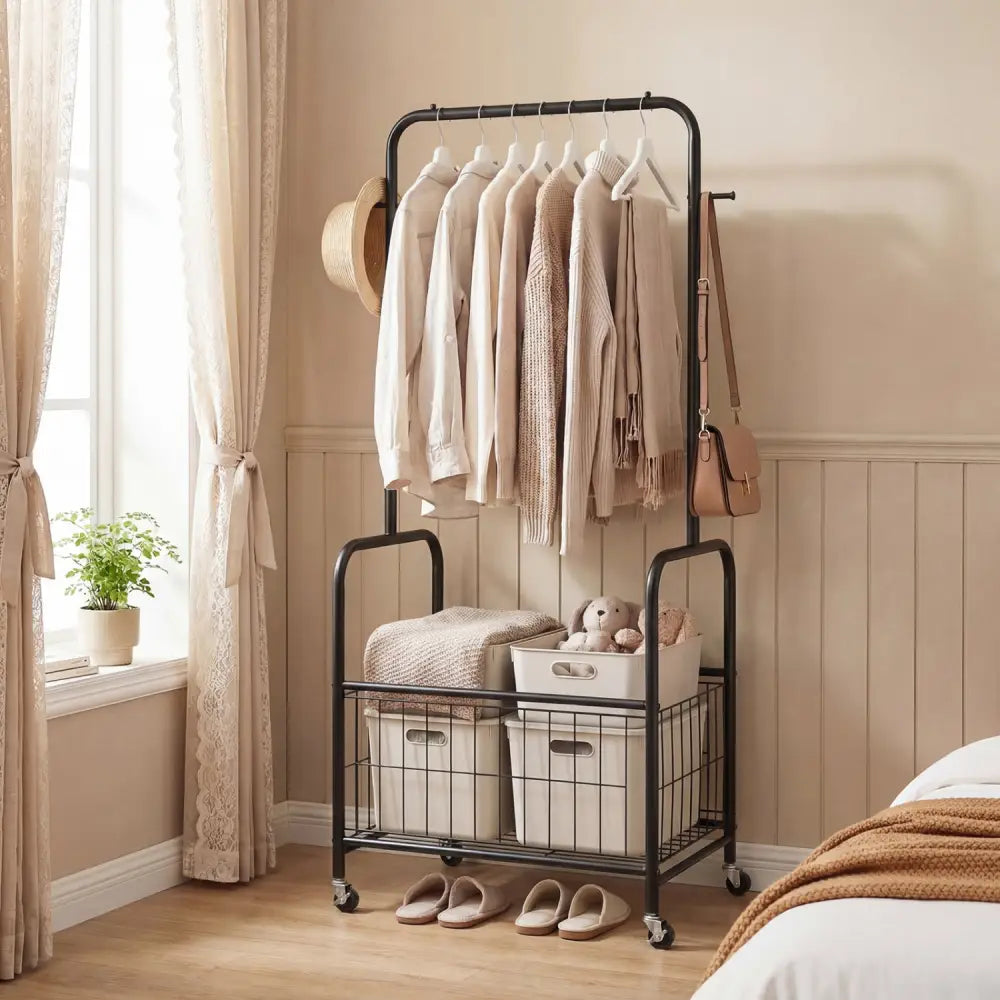 Rolling Metal Clothes Rack with Hanging Rod and Storage Basket-Black - Black - Clothing & Closet Storage