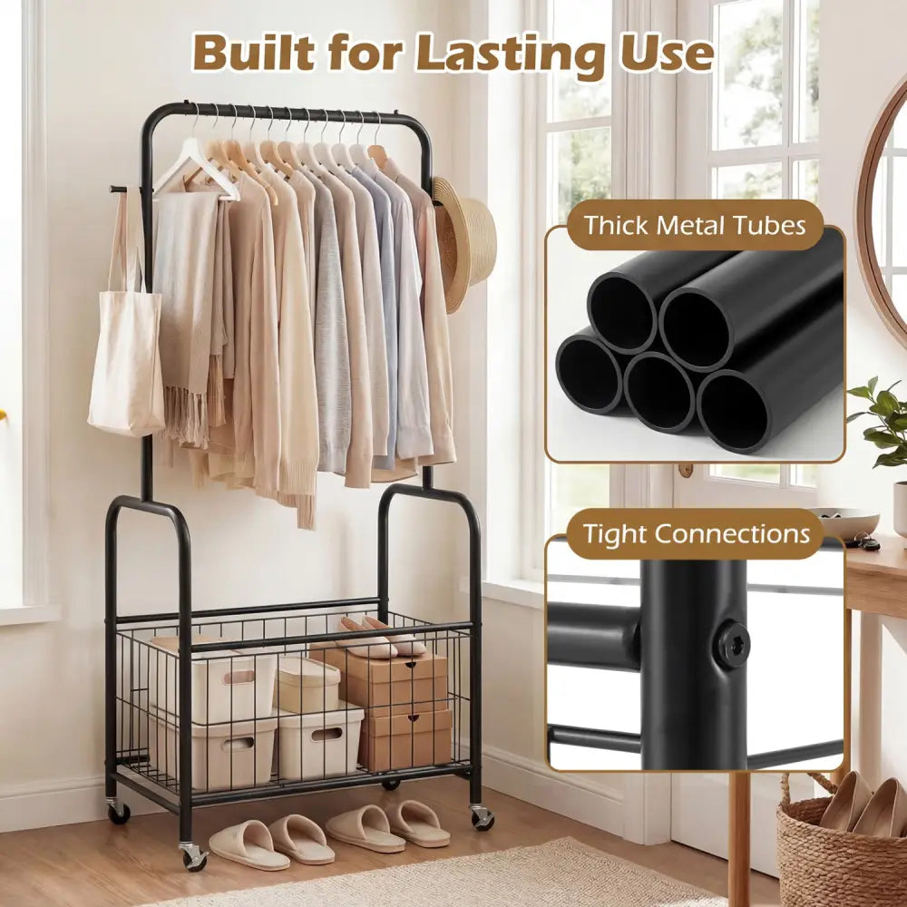 Rolling Metal Clothes Rack with Hanging Rod and Storage Basket-Black - Black - Clothing & Closet Storage