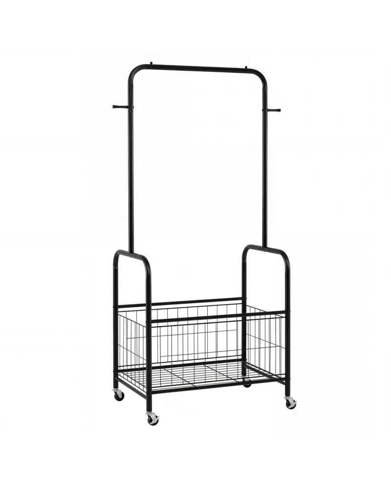 Rolling Metal Clothes Rack with Hanging Rod and Storage Basket-Black - Black - Clothing & Closet Storage