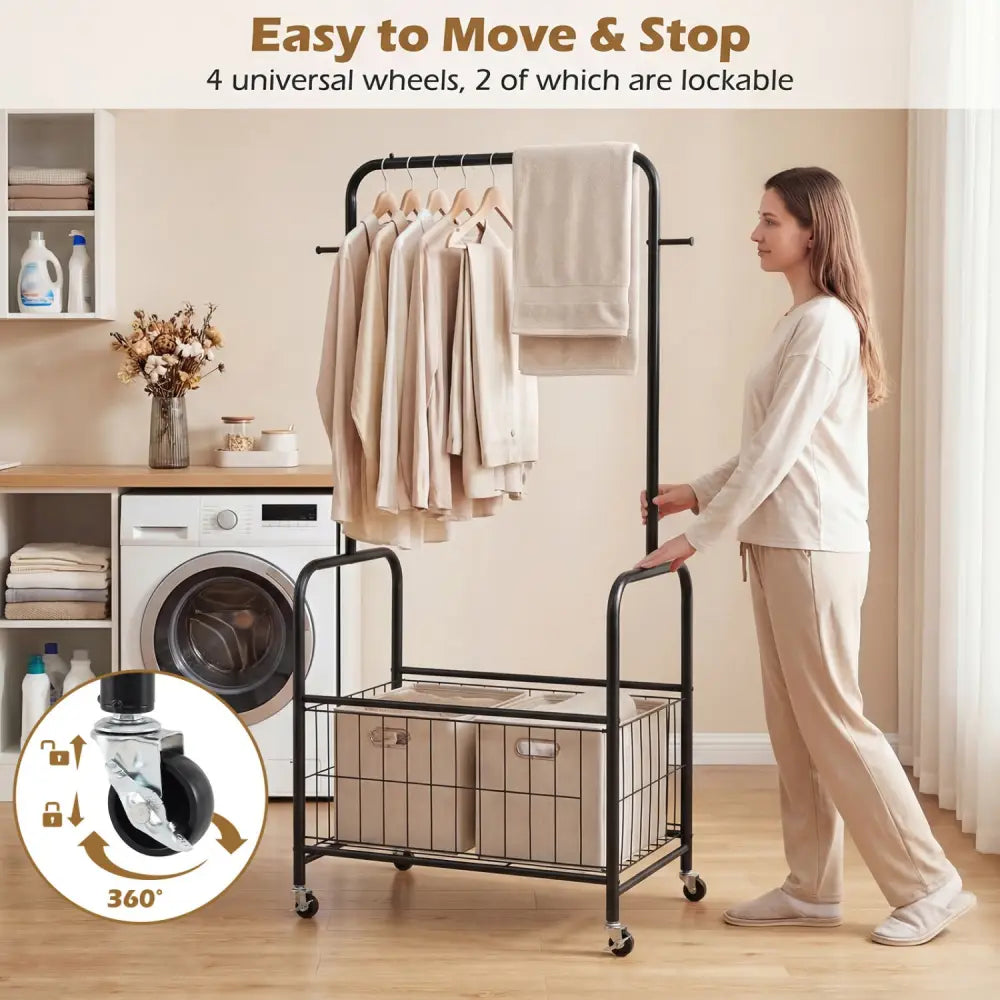 Rolling Metal Clothes Rack with Hanging Rod and Storage Basket-Black - Black - Clothing & Closet Storage