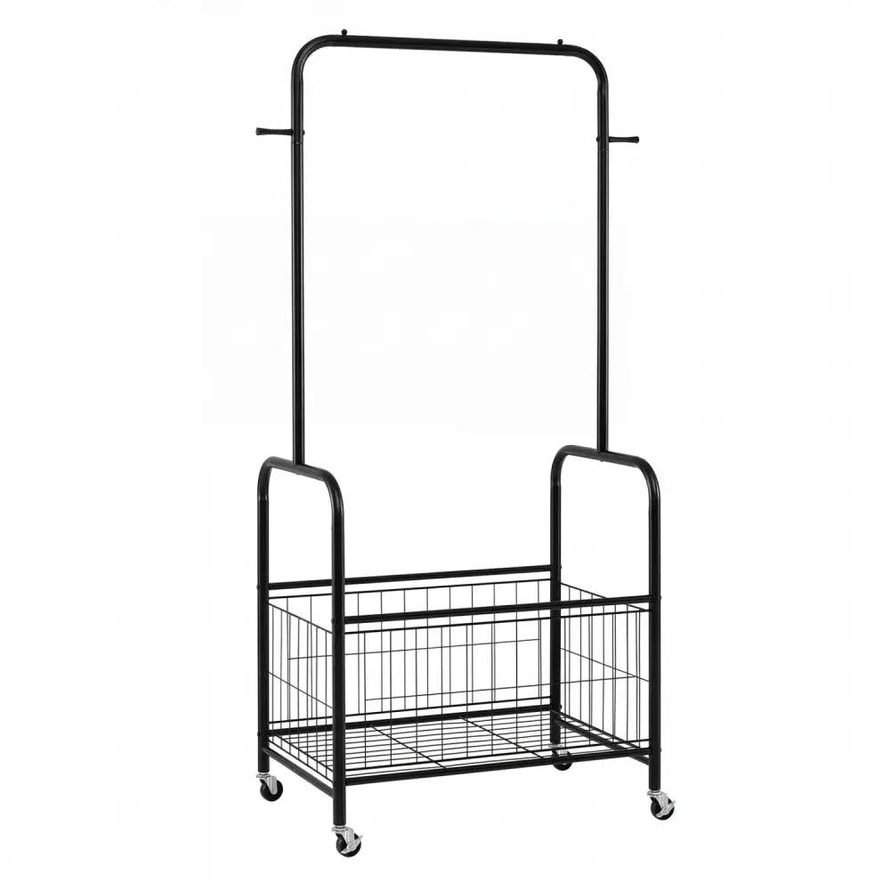 Rolling Metal Clothes Rack with Hanging Rod and Storage Basket-Black - Black - Clothing & Closet Storage