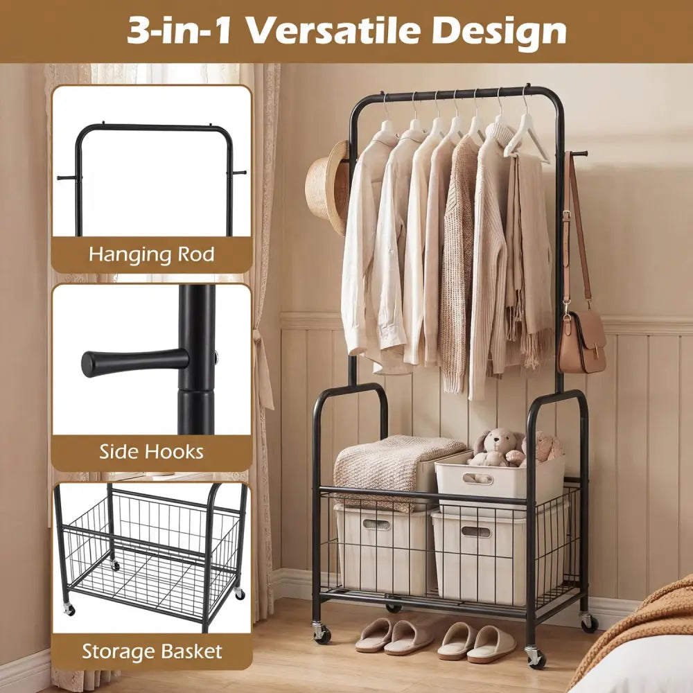 Rolling Metal Clothes Rack with Hanging Rod and Storage Basket-Black - Black - Clothing & Closet Storage