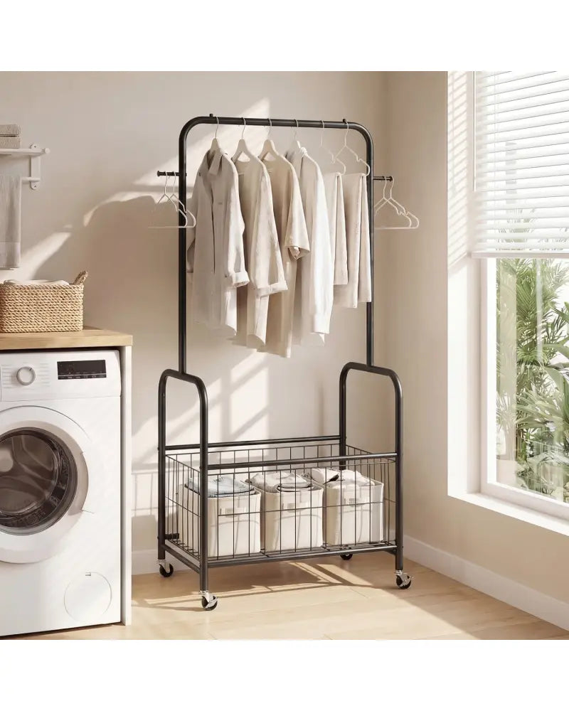 Rolling Metal Clothes Rack with Hanging Rod and Storage Basket-Black - Black - Clothing & Closet Storage
