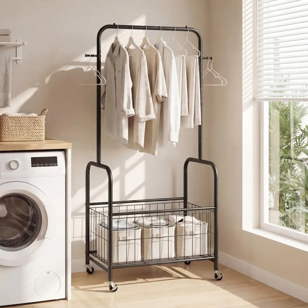 Rolling Metal Clothes Rack with Hanging Rod and Storage Basket-Black - Black - Clothing & Closet Storage
