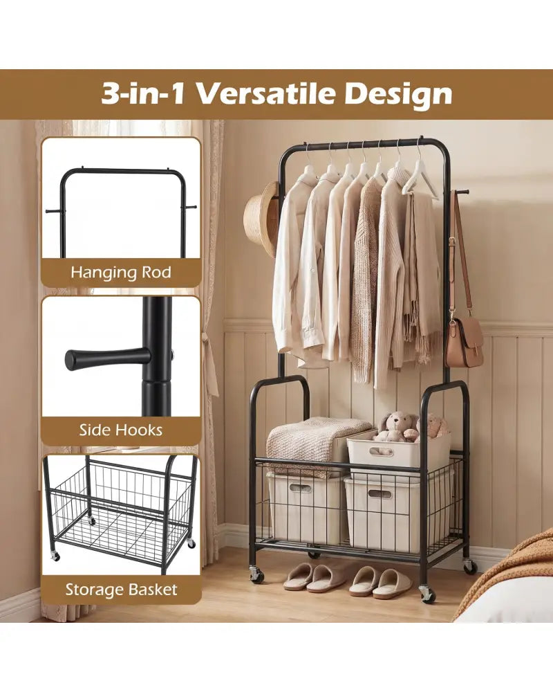 Rolling Metal Clothes Rack with Hanging Rod and Storage Basket-Black - Black - Clothing & Closet Storage
