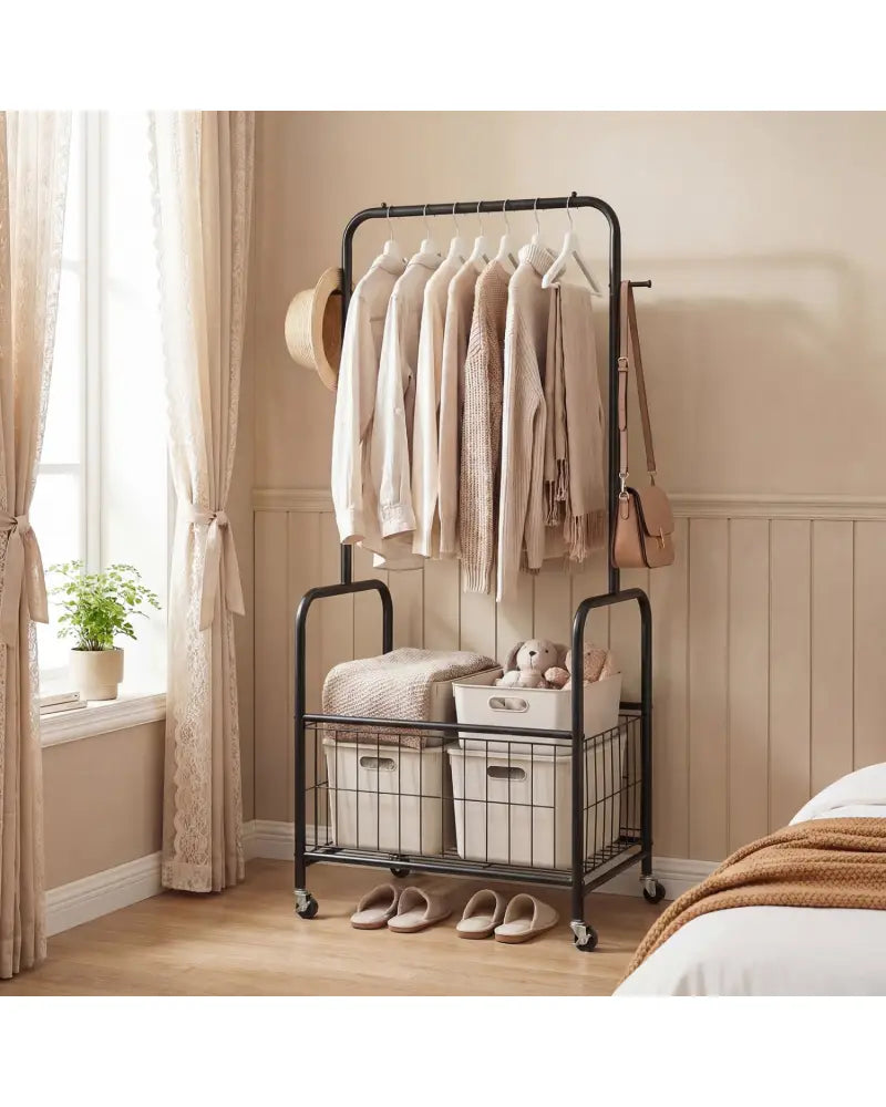 Rolling Metal Clothes Rack with Hanging Rod and Storage Basket-Black - Black - Clothing & Closet Storage