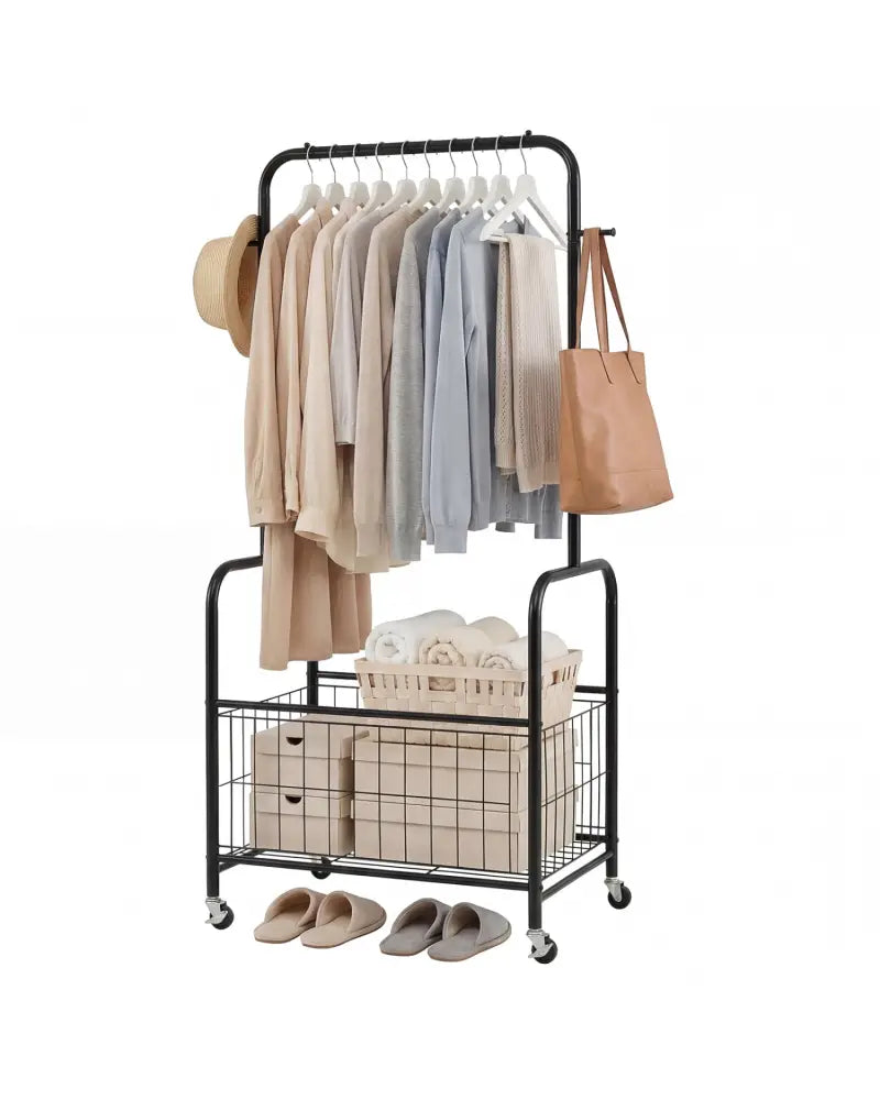 Rolling Metal Clothes Rack with Hanging Rod and Storage Basket-Black - Black - Clothing & Closet Storage
