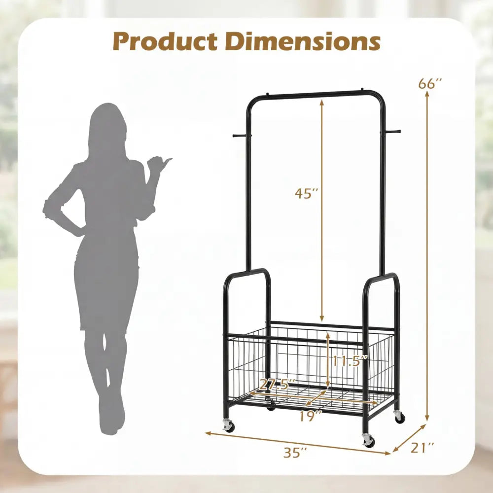 Rolling Metal Clothes Rack with Hanging Rod and Storage Basket-Black - Black - Clothing & Closet Storage