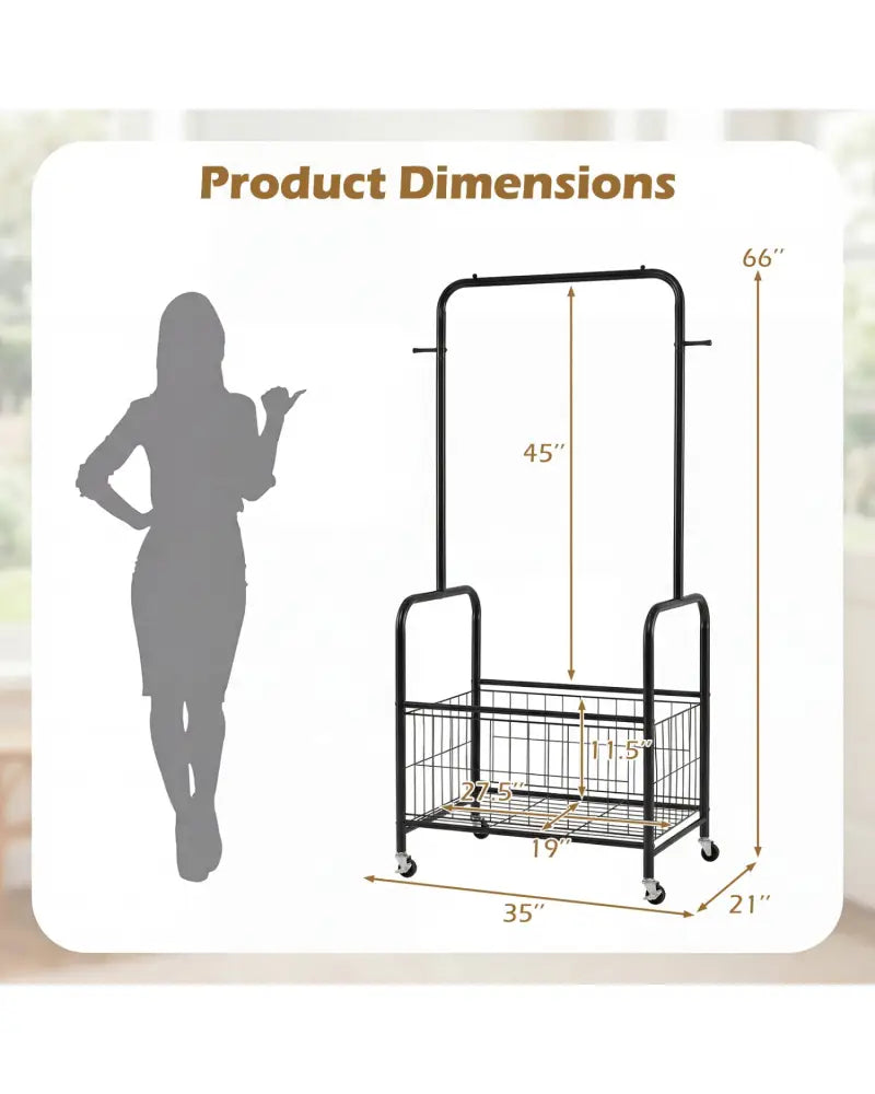 Rolling Metal Clothes Rack with Hanging Rod and Storage Basket-Black - Black - Clothing & Closet Storage