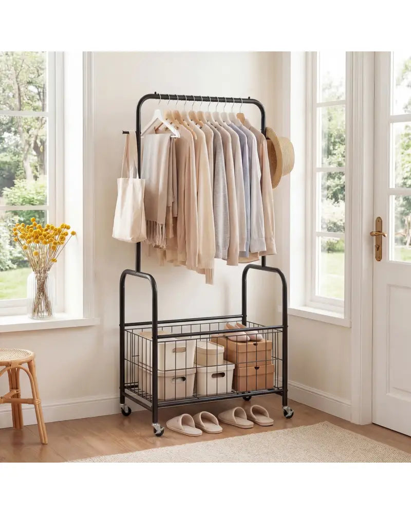 Rolling Metal Clothes Rack with Hanging Rod and Storage Basket-Black - Black - Clothing & Closet Storage