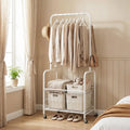 Rolling Metal Clothes Rack with Hanging Rod and Storage Basket-White - White - Clothing & Closet Storage