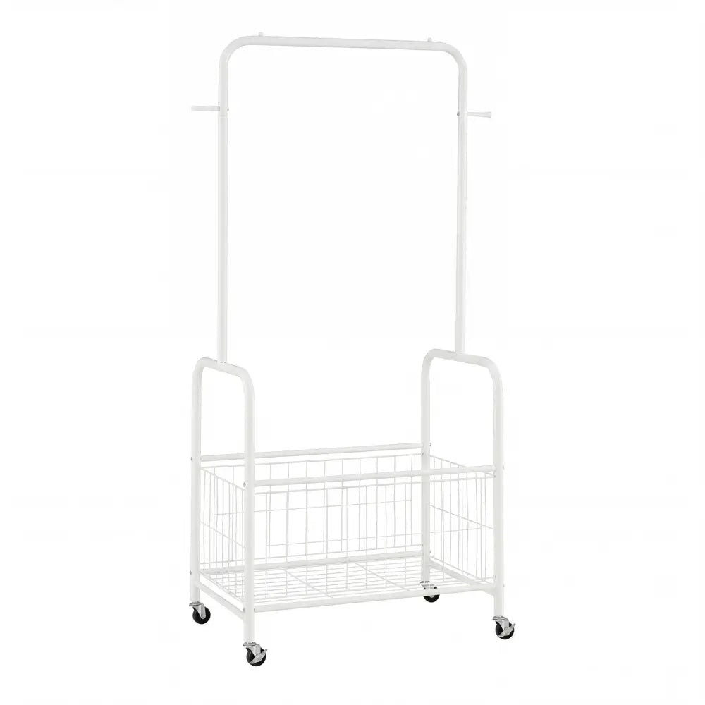 Rolling Metal Clothes Rack with Hanging Rod and Storage Basket-White - White - Clothing & Closet Storage