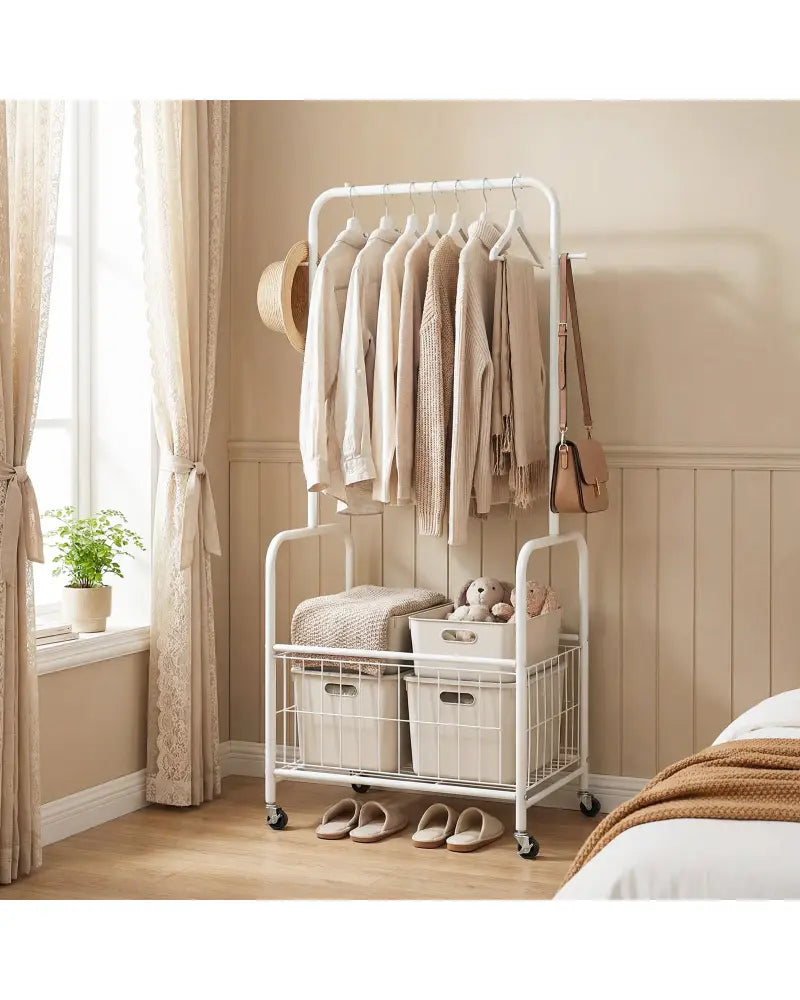 Rolling Metal Clothes Rack with Hanging Rod and Storage Basket-White - White - Clothing & Closet Storage
