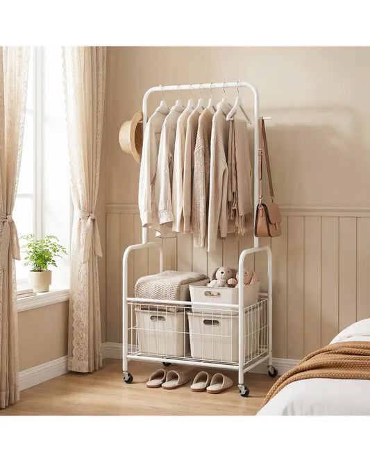 Rolling Metal Clothes Rack with Hanging Rod and Storage Basket-White - White - Clothing & Closet Storage