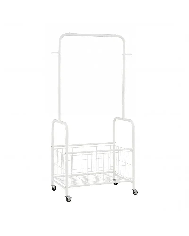 Rolling Metal Clothes Rack with Hanging Rod and Storage Basket-White - White - Clothing & Closet Storage