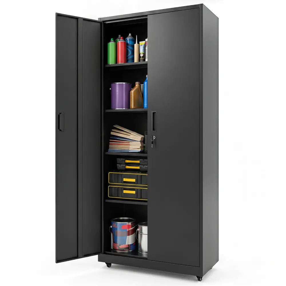 Rolling Metal Storage Cabinet 73 Inches Lockable File Cabinet with 4 Smooth Wheels-Black - Black - File Cabinets